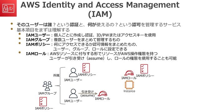 AWS Identity and Access Management
(IAM)
• そのユーザーは誰？という認証と、何が使えるの？という認可を管理するサービス
• 基本項目をまずは理解する
• IAMユーザー：個人ごとに作成し認証、ID/PWまたはアクセスキーを使用
• IAMグループ：複数ユーザーをまとめて管理するもの
• IAMポリシー：何にアクセスできるか認可情報をまとめたもの、
ユーザー、グループ、ロールに設定できる
• IAMロール：AWSリソースに付与する形でリソースがAWS操作権限を持つ
ユーザーが引き受け（assume）し、ロールの権限を使用することも可能
IAMユーザー
IAMグループ
IAMロール
IAMポリシー
IAMユーザー
所属
Instance
IAMロール
IAMポリシー IAMポリシー
引き受け
(assume)
