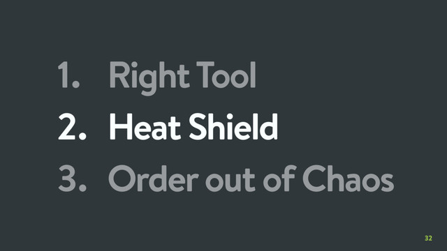 32
1. Right Tool
2. Heat Shield
3. Order out of Chaos
