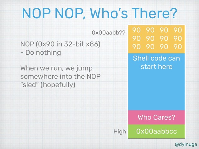 @dylnuge
Shell code can
start here
90 90 90 90
90 90 90 90
90 90 90 90
0x00aabbcc
Who Cares?
NOP NOP, Who’s There?
NOP (0x90 in 32-bit x86) 
- Do nothing
When we run, we jump
somewhere into the NOP
“sled” (hopefully)
High
0x00aabb??

