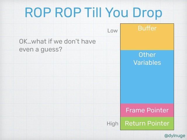 @dylnuge
Other 
Variables
Buffer
Return Pointer
Frame Pointer
ROP ROP Till You Drop
OK…what if we don’t have
even a guess?
High
Low
