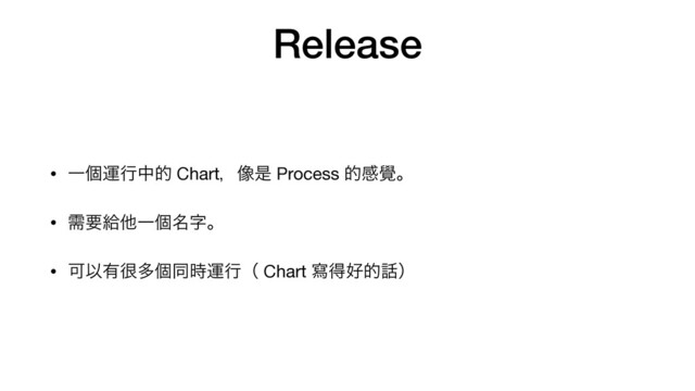 Release
• Ұݸӡߦதత Chartɼ૾ੋ Process తײ᧷ɻ

• धཁڅଞҰݸ໊ࣈɻ

• ՄҎ༗኷ଟݸಉ࣌ӡߦʢ Chart ሜಘ޷త࿩ʣ
