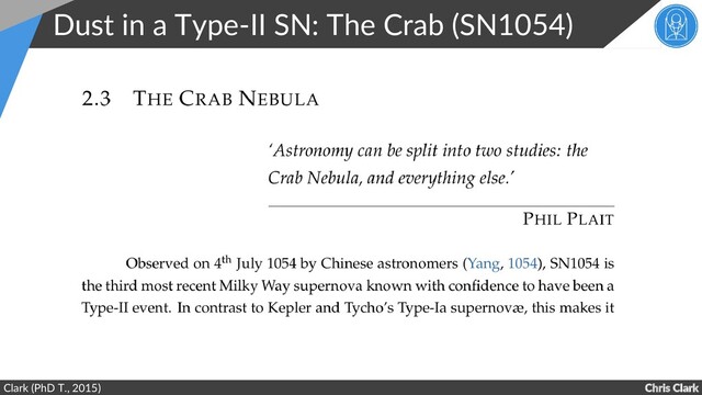 Chris Clark
Dust in a Type-II SN: The Crab (SN1054)
Clark (PhD T., 2015)
