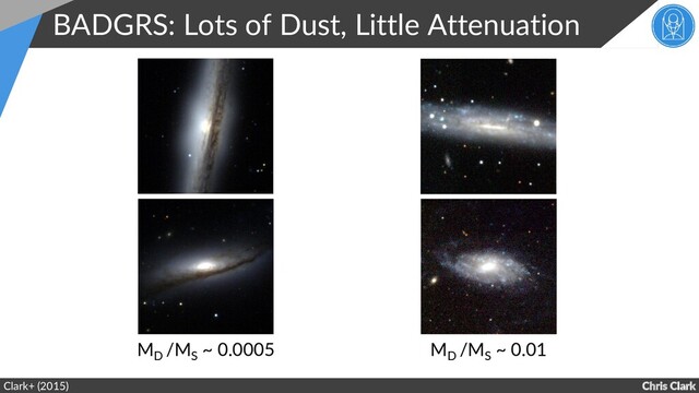 Chris Clark
BADGRS: Lots of Dust, Little Attenuation
Clark+ (2015)
M
D
/M
S
~ 0.0005 M
D
/M
S
~ 0.01
