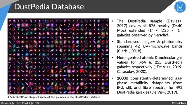 Chris Clark
DustPedia Database
Davies+ (2017); Clark+ (2018)
• The DustPedia sample (Davies+,
2017) covers all 875 nearby (D<40
Mpc) extended (1’ < D25 < 1°)
galaxies observed by Herschel.
• Standardised imagery & photometry
spanning 42 UV–microwave bands
(Clark+, 2018).
• Homogenised atomic & molecular gas
values for 764 & 255 DustPedia
galaxies respectively (; De Vis+, 2019;
Casasola+, 2020).
• 10000 consistently-determined gas-
phase metallicity datapoints (from
IFU, slit, and fibre spectra) for 492
DustPedia galaxies (De Vis+, 2019).
UV-NIR-FIR montage of some of the galaxies in the DustPedia database
