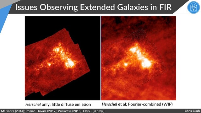 Chris Clark
Issues Observing Extended Galaxies in FIR
Meixner+ (2014); Roman-Duval+ (2017); Williams+ (2018); Clark+ (in prep.)
Herschel only; little diffuse emission Herschel et al; Fourier-combined (WIP)
