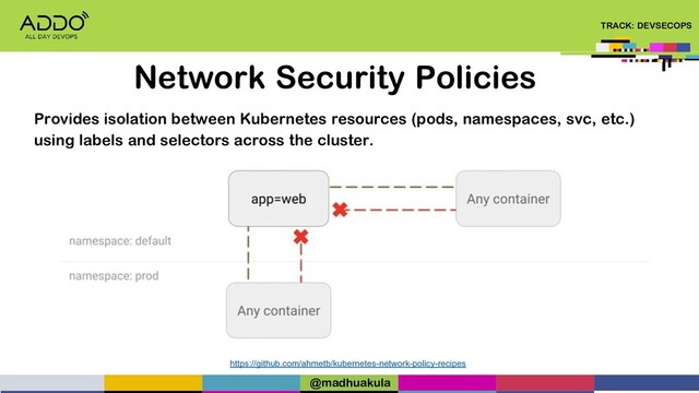 TRACK: DEVSECOPS
Network Security Policies
https://github.com/ahmetb/kubernetes-network-policy-recipes
Provides isolation between Kubernetes resources (pods, namespaces, svc, etc.)
using labels and selectors across the cluster.
@madhuakula
