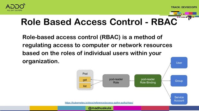 TRACK: DEVSECOPS
Role-based access control (RBAC) is a method of
regulating access to computer or network resources
based on the roles of individual users within your
organization.
Role Based Access Control - RBAC
https://kubernetes.io/docs/reference/access-authn-authz/rbac/
@madhuakula
