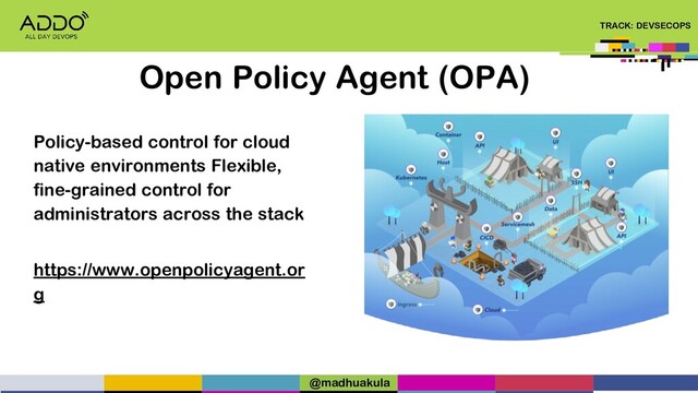 TRACK: DEVSECOPS
Open Policy Agent (OPA)
Policy-based control for cloud
native environments Flexible,
fine-grained control for
administrators across the stack
https://www.openpolicyagent.or
g
@madhuakula
