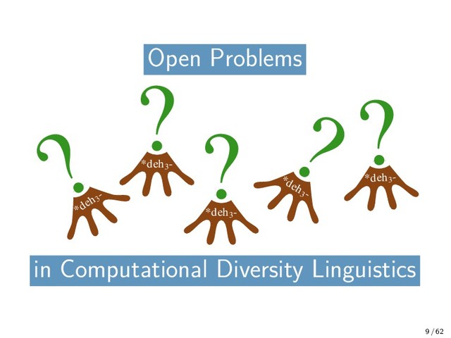 Open Problems
Open Problems
in Computational Diversity Linguistics
*deh3
-
?
*deh3
-
?
*deh
3 -
?
*deh3
-
?
*deh3
-
?
9 / 62
