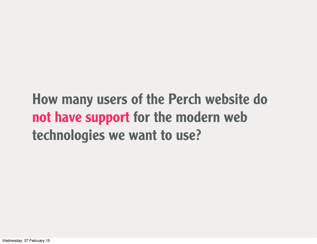 How many users of the Perch website do
not have support for the modern web
technologies we want to use?
Wednesday, 27 February 13
