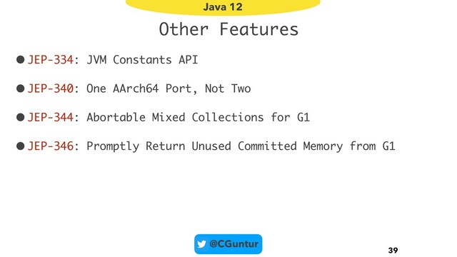 @CGuntur
Other Features
•JEP-334: JVM Constants API
•JEP-340: One AArch64 Port, Not Two
•JEP-344: Abortable Mixed Collections for G1
•JEP-346: Promptly Return Unused Committed Memory from G1
39
Java 12
