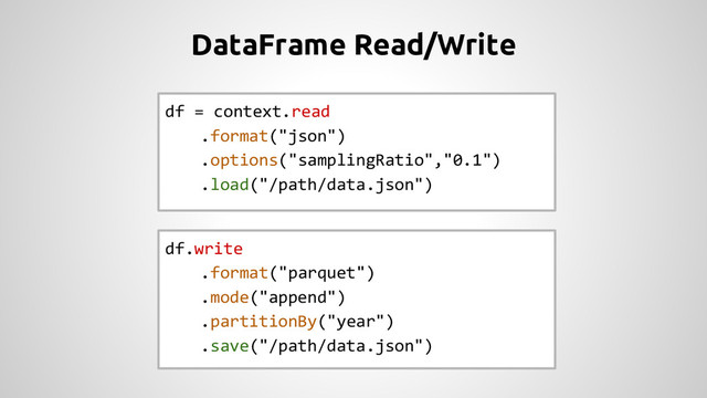 DataFrame Read/Write
df = context.read
.format("json")
.options("samplingRatio","0.1")
.load("/path/data.json")
df.write
.format("parquet")
.mode("append")
.partitionBy("year")
.save("/path/data.json")
