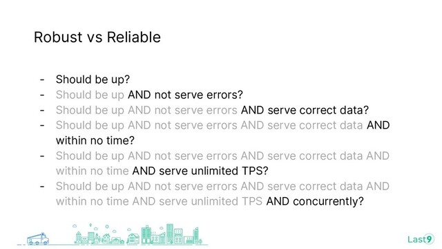 Robust vs Reliable
- Should be up?
- Should be up AND not serve errors?
- Should be up AND not serve errors AND serve correct data?
- Should be up AND not serve errors AND serve correct data AND
within no time?
- Should be up AND not serve errors AND serve correct data AND
within no time AND serve unlimited TPS?
- Should be up AND not serve errors AND serve correct data AND
within no time AND serve unlimited TPS AND concurrently?
