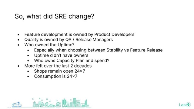 So, what did SRE change?
• Feature development is owned by Product Developers
• Quality is owned by QA / Release Managers
• Who owned the Uptime?
• Especially when choosing between Stability vs Feature Release
• Uptime didn’t have owners
• Who owns Capacity Plan and spend?
• More felt over the last 2 decades
• Shops remain open 247
• Consumption is 247
