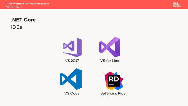 IDEs
Cross-Plattform-Serveranwendungen
ASP.NET Core
.NET Core
VS 2017
VS Code JetBrains Rider
VS for Mac
