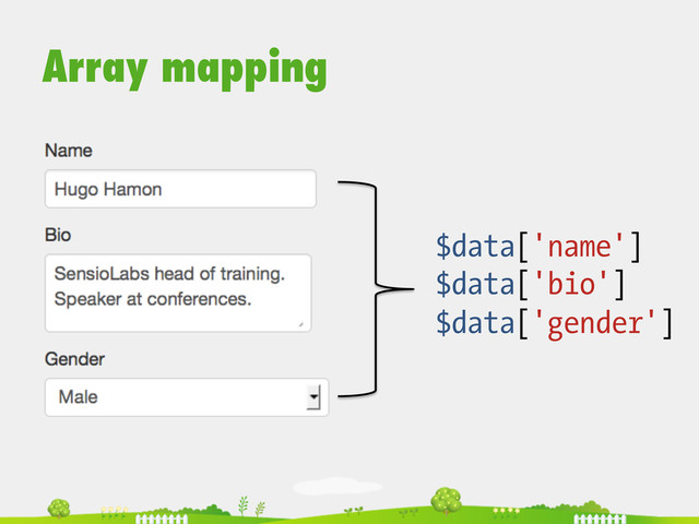 Array mapping
$data['name']
$data['bio']
$data['gender']
