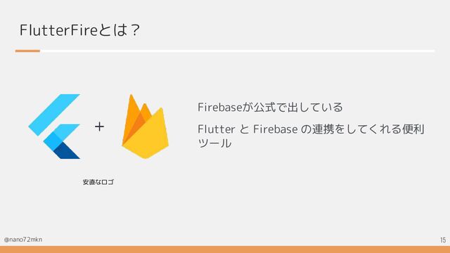 @nano72mkn
FlutterFireとは？
Firebaseが公式で出している
Flutter と Firebase の連携をしてくれる便利
ツール
15
安直なロゴ
