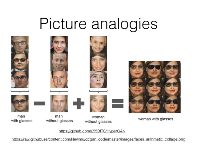 https://raw.githubusercontent.com/Newmu/dcgan_code/master/images/faces_arithmetic_collage.png
https://github.com/255BITS/HyperGAN
Picture analogies
