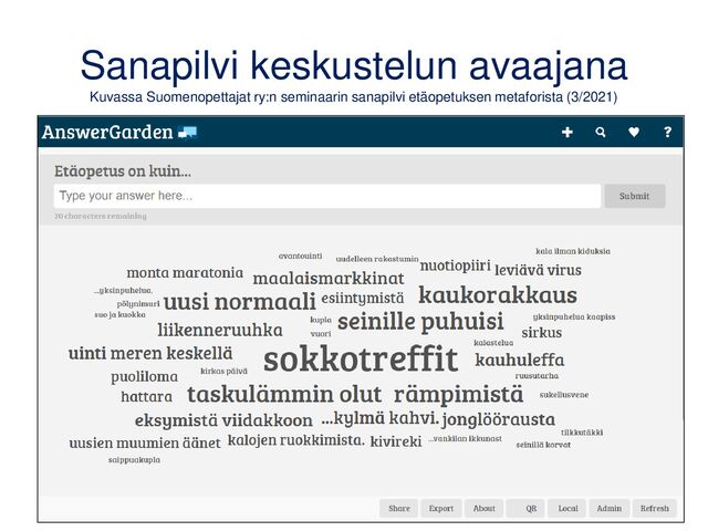 Sanapilvi keskustelun avaajana
Kuvassa Suomenopettajat ry:n seminaarin sanapilvi etäopetuksen metaforista (3/2021)
