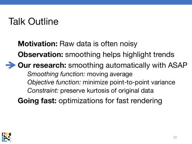 Talk Outline
Motivation: Raw data is often noisy
Observation: smoothing helps highlight trends
Our research: smoothing automatically with ASAP
Smoothing function: moving average
Objective function: minimize point-to-point variance
Constraint: preserve kurtosis of original data
Going fast: optimizations for fast rendering
32
