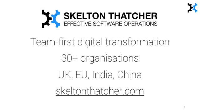 Team-first digital transformation
30+ organisations
UK, EU, India, China
skeltonthatcher.com
4
