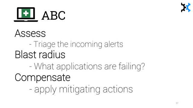ABC
Assess
- Triage the incoming alerts
Blast radius
- What applications are failing?
Compensate
- apply mitigating actions
37
