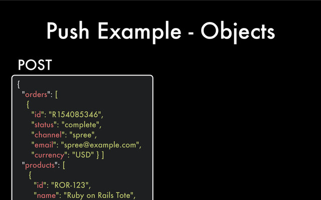 Push Example - Objects
{
"orders": [
{
"id": "R154085346",
"status": "complete",
"channel": "spree",
"email": "spree@example.com",
"currency": "USD" } ]
"products": [
{
"id": "ROR-123",
"name": "Ruby on Rails Tote",
POST
