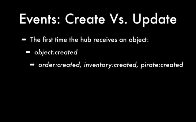 Events: Create Vs. Update
➡ The ﬁrst time the hub receives an object:
➡ object:created
➡ order:created, inventory:created, pirate:created
