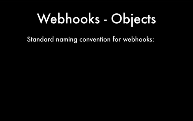 Webhooks - Objects
Standard naming convention for webhooks:
