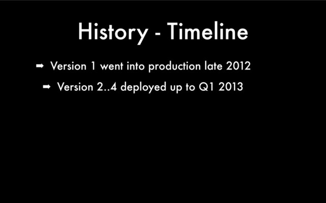 History - Timeline
➡ Version 1 went into production late 2012
➡ Version 2..4 deployed up to Q1 2013
