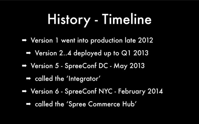 History - Timeline
➡ Version 1 went into production late 2012
➡ Version 2..4 deployed up to Q1 2013
➡ Version 5 - SpreeConf DC - May 2013
➡ called the ‘Integrator’
➡ Version 6 - SpreeConf NYC - February 2014
➡ called the ‘Spree Commerce Hub’
