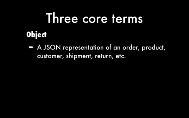 Three core terms
Object
➡ A JSON representation of an order, product,
customer, shipment, return, etc.
