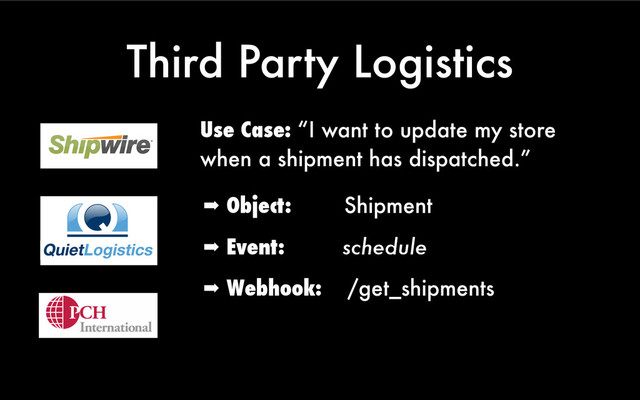 Third Party Logistics
Use Case: “I want to update my store
when a shipment has dispatched.”
➡ Object: Shipment
➡ Event: schedule
➡ Webhook: /get_shipments

