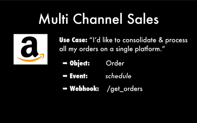 Multi Channel Sales
Use Case: “I’d like to consolidate & process
all my orders on a single platform.”
➡ Object: Order
➡ Event: schedule
➡ Webhook: /get_orders
