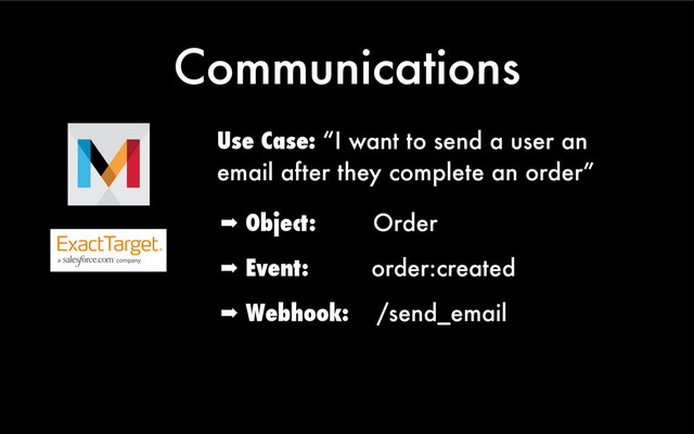 Communications
Use Case: “I want to send a user an
email after they complete an order”
➡ Object: Order
➡ Event: order:created
➡ Webhook: /send_email
