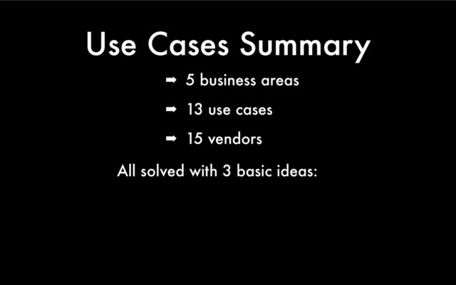 Use Cases Summary
➡ 5 business areas
➡ 13 use cases
➡ 15 vendors
All solved with 3 basic ideas:
