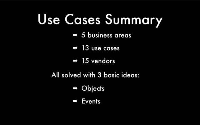Use Cases Summary
➡ 5 business areas
➡ 13 use cases
➡ 15 vendors
All solved with 3 basic ideas:
➡ Objects
➡ Events
