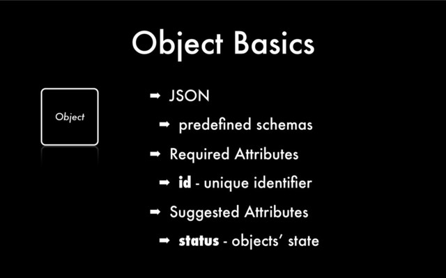 Object Basics
➡ Required Attributes
➡ id - unique identiﬁer
➡ Suggested Attributes
➡ status - objects’ state
Object
➡ JSON
➡ predeﬁned schemas
