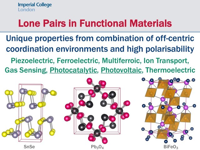 Lone Pairs in Functional Materials
Unique properties from combination of off-centric
coordination environments and high polarisability
Piezoelectric, Ferroelectric, Multiferroic, Ion Transport,
Gas Sensing, Photocatalytic, Photovoltaic, Thermoelectric
SnSe Pb3
O4
BiFeO3
