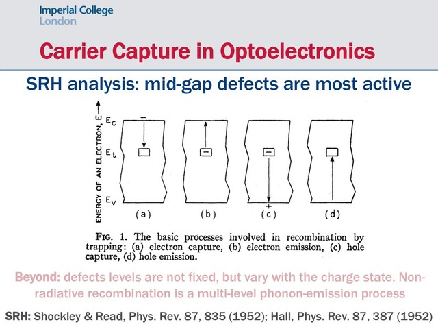 SRH: Shockley & Read, Phys. Rev. 87, 835 (1952); Hall, Phys. Rev. 87, 387 (1952)
Carrier Capture in Optoelectronics
SRH analysis: mid-gap defects are most active
Beyond: defects levels are not fixed, but vary with the charge state. Non-
radiative recombination is a multi-level phonon-emission process
