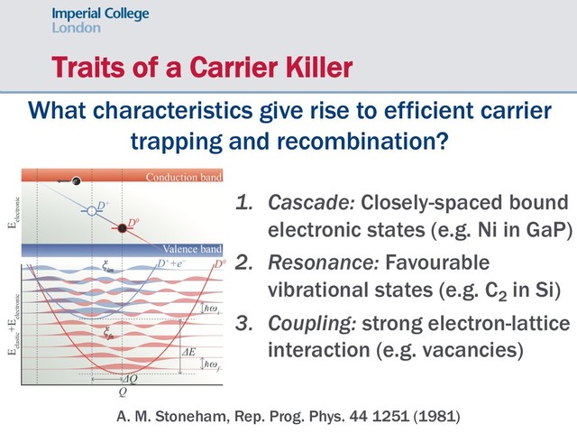 Traits of a Carrier Killer
A. M. Stoneham, Rep. Prog. Phys. 44 1251 (1981)
What characteristics give rise to efficient carrier
trapping and recombination?
1. Cascade: Closely-spaced bound
electronic states (e.g. Ni in GaP)
2. Resonance: Favourable
vibrational states (e.g. C2
in Si)
3. Coupling: strong electron-lattice
interaction (e.g. vacancies)
