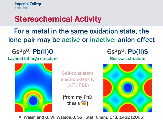 Stereochemical Activity
For a metal in the same oxidation state, the
lone pair may be active or inactive: anion effect
A. Walsh and G. W. Watson, J. Sol. Stat. Chem. 178, 1422 (2005)
6s2p0: Pb(II)O
Layered litharge structure
6s2p0: Pb(II)S
Rocksalt structure
Self-consistent
electron density
(DFT/PBE)
[from my PhD
thesis !]
