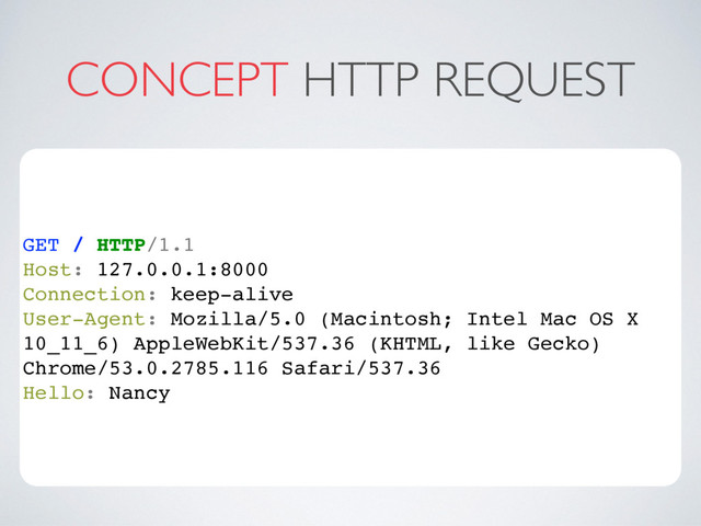 CONCEPT HTTP REQUEST
GET / HTTP/1.1
Host: 127.0.0.1:8000
Connection: keep-alive
User-Agent: Mozilla/5.0 (Macintosh; Intel Mac OS X
10_11_6) AppleWebKit/537.36 (KHTML, like Gecko)
Chrome/53.0.2785.116 Safari/537.36
Hello: Nancy
