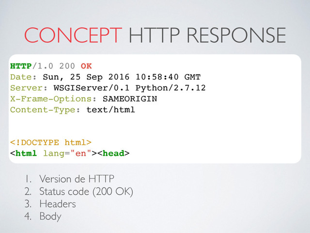 CONCEPT HTTP RESPONSE
HTTP/1.0 200 OK
Date: Sun, 25 Sep 2016 10:58:40 GMT
Server: WSGIServer/0.1 Python/2.7.12
X-Frame-Options: SAMEORIGIN
Content-Type: text/html


1. Version de HTTP
2. Status code (200 OK)
3. Headers
4. Body
