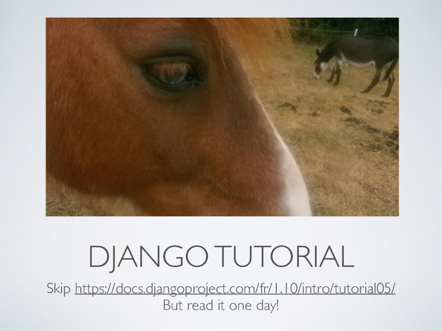 DJANGO TUTORIAL
Skip https://docs.djangoproject.com/fr/1.10/intro/tutorial05/
But read it one day!
