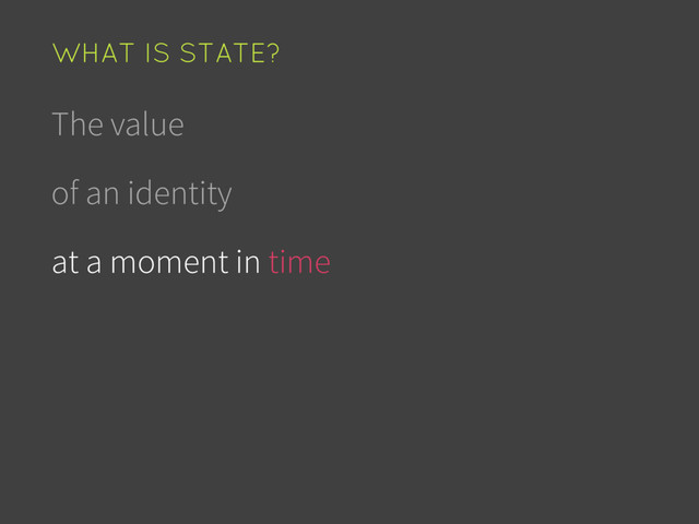 The value
of an identity
at a moment in time
WHAT IS STATE?
