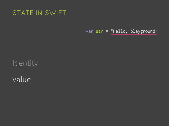 Identity
Value
Time
STATE IN SWIFT
var str = "Hello, playground"
