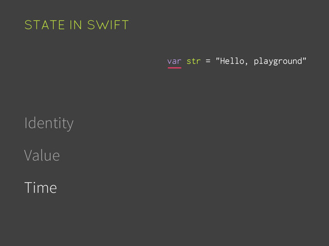 Identity
Value
Time
STATE IN SWIFT
var str = "Hello, playground"
