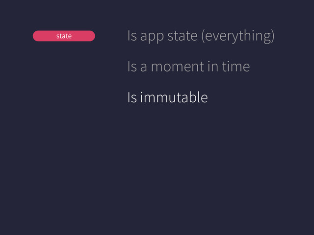 View
Store
state Is app state (everything)
Is a moment in time
Is immutable
