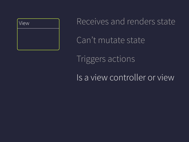 View
Receives and renders state
Can’t mutate state
Triggers actions
Is a view controller or view
